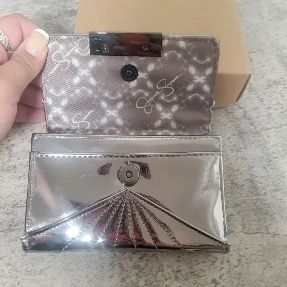 Jessica Simpson Women's Wallet Shiny Pewter Gray Silver Studded New Trifold
